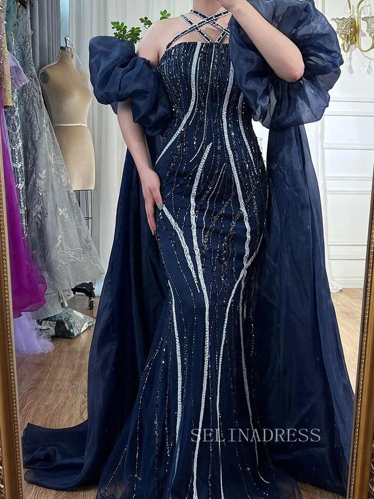 Luxury Mermaid Off-the-shoulder Puff Sleeve Evening Gowns Beaded Formal Dresses LA72072