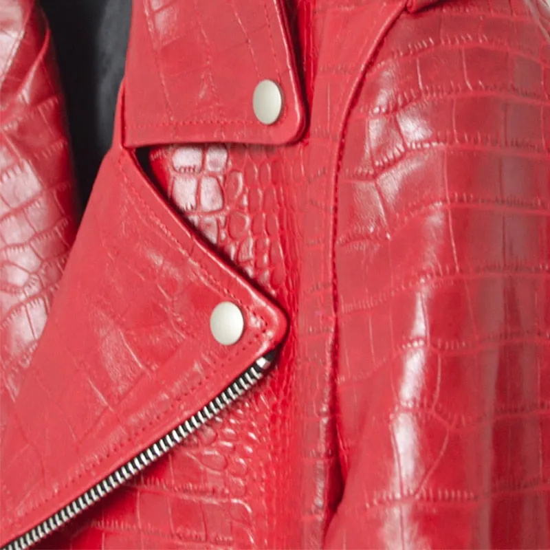 Mauroicardi Spring Red Pattern Leather Biker Jacket Long Sleeve Zipper Designer Men Clothing