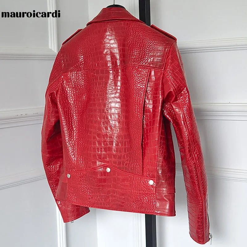 Mauroicardi Spring Red Pattern Leather Biker Jacket Long Sleeve Zipper Designer Men Clothing