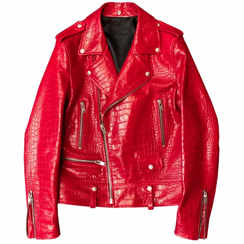Mauroicardi Spring Red Pattern Leather Biker Jacket Long Sleeve Zipper Designer Men Clothing