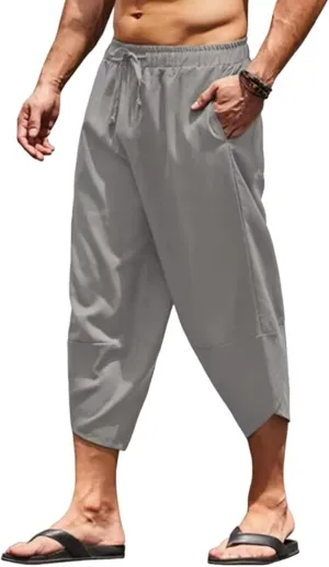 Men's Capri Pants Lightweight Casual Linen Pants Drawstring Elastic Waist with Pockets for Beach Yoga Casual Wear