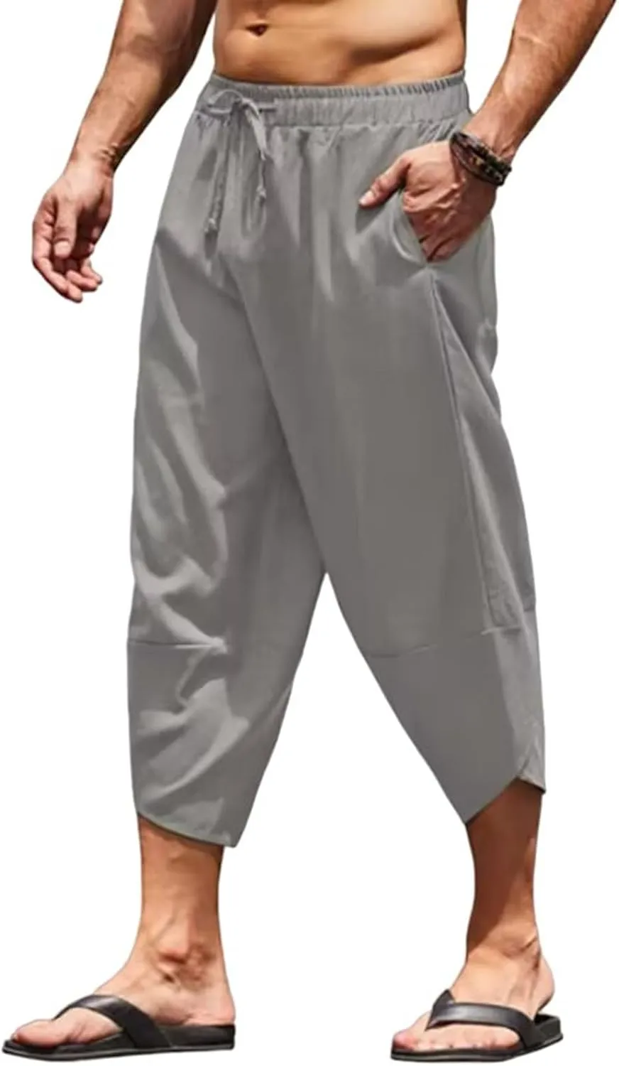 Men's Capri Pants Lightweight Casual Linen Pants Drawstring Elastic Waist with Pockets for Beach Yoga Casual Wear
