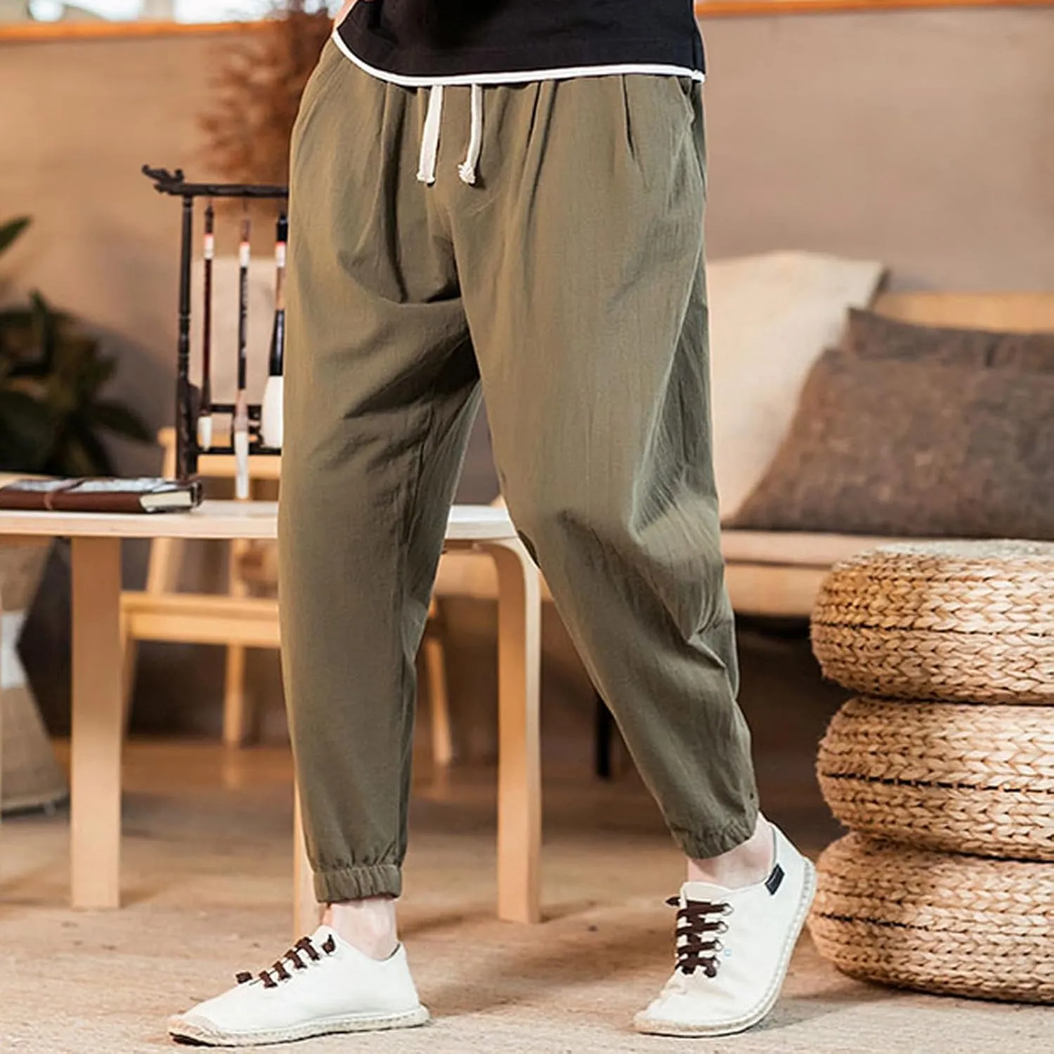 Men's Linen Jogger Pants Casual Drawstring Summer Beach Pants Elastic Waist Yoga Trousers with Pockets