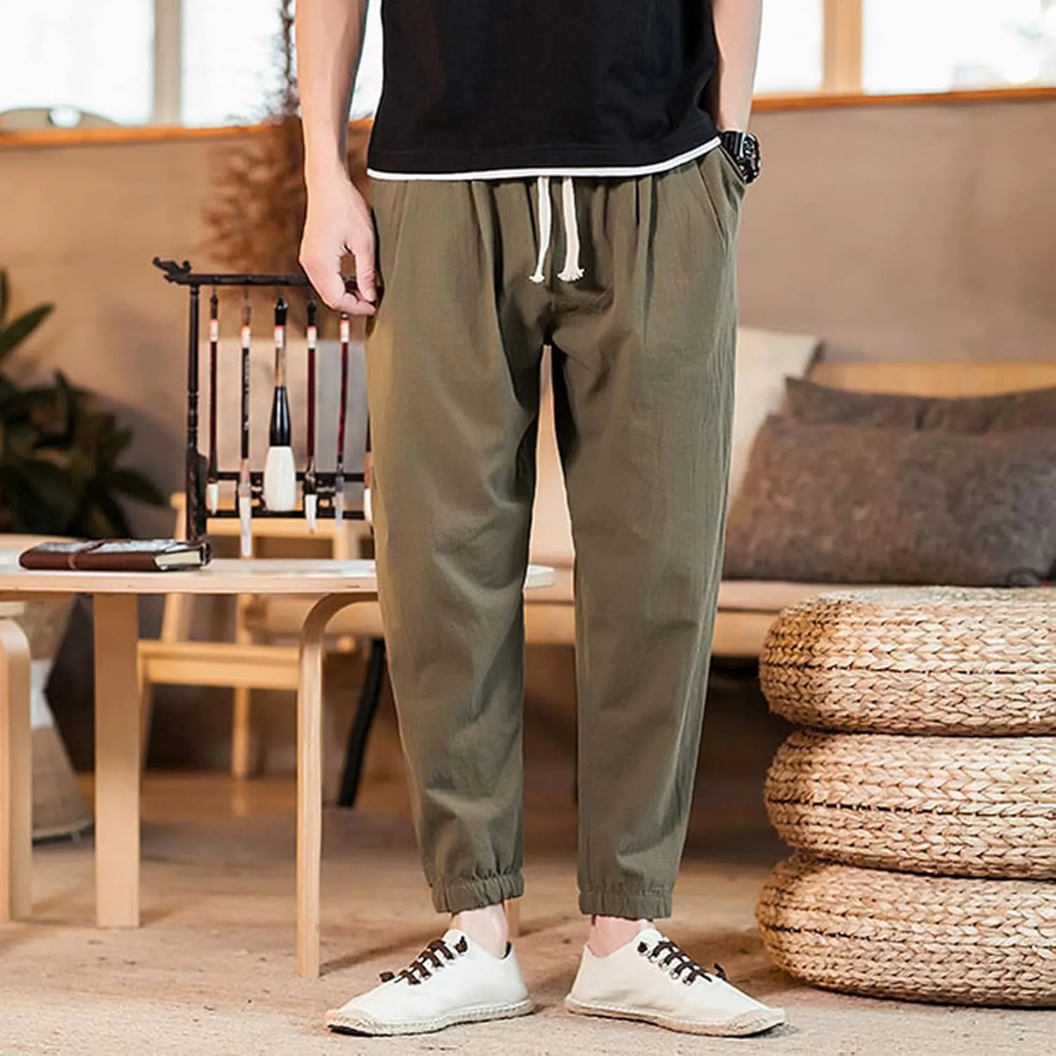 Men's Linen Jogger Pants Casual Drawstring Summer Beach Pants Elastic Waist Yoga Trousers with Pockets