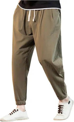 Men's Linen Jogger Pants Casual Drawstring Summer Beach Pants Elastic Waist Yoga Trousers with Pockets