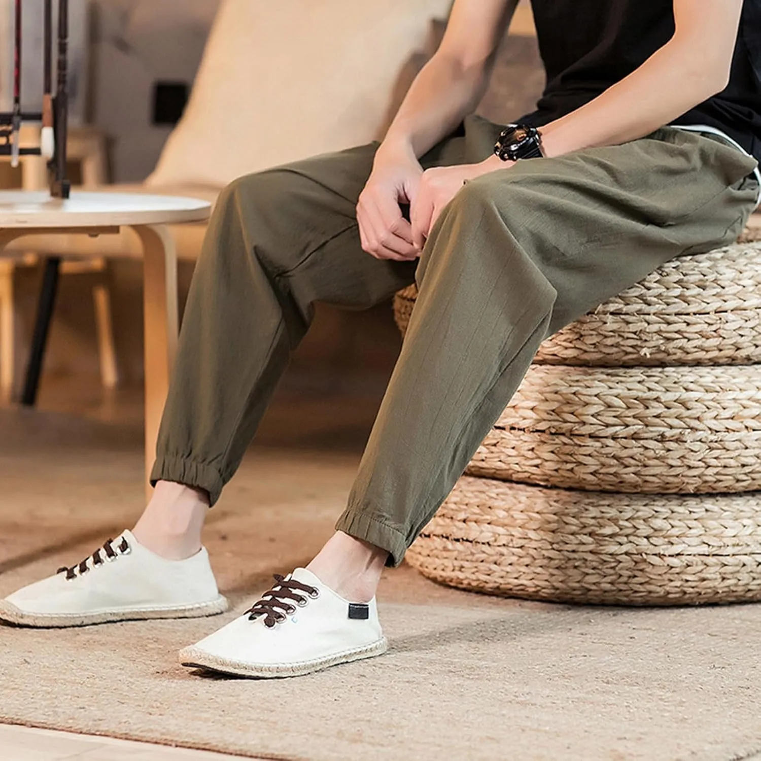 Men's Linen Jogger Pants Casual Drawstring Summer Beach Pants Elastic Waist Yoga Trousers with Pockets