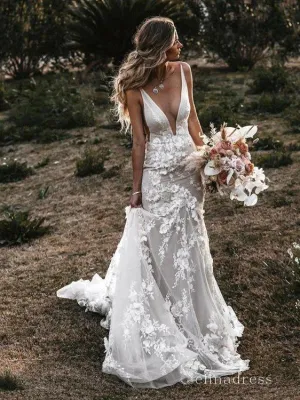 Mermaid Deep V neck Lace Wedding Dresses Open Back Rustic Bridal Gowns MHL139