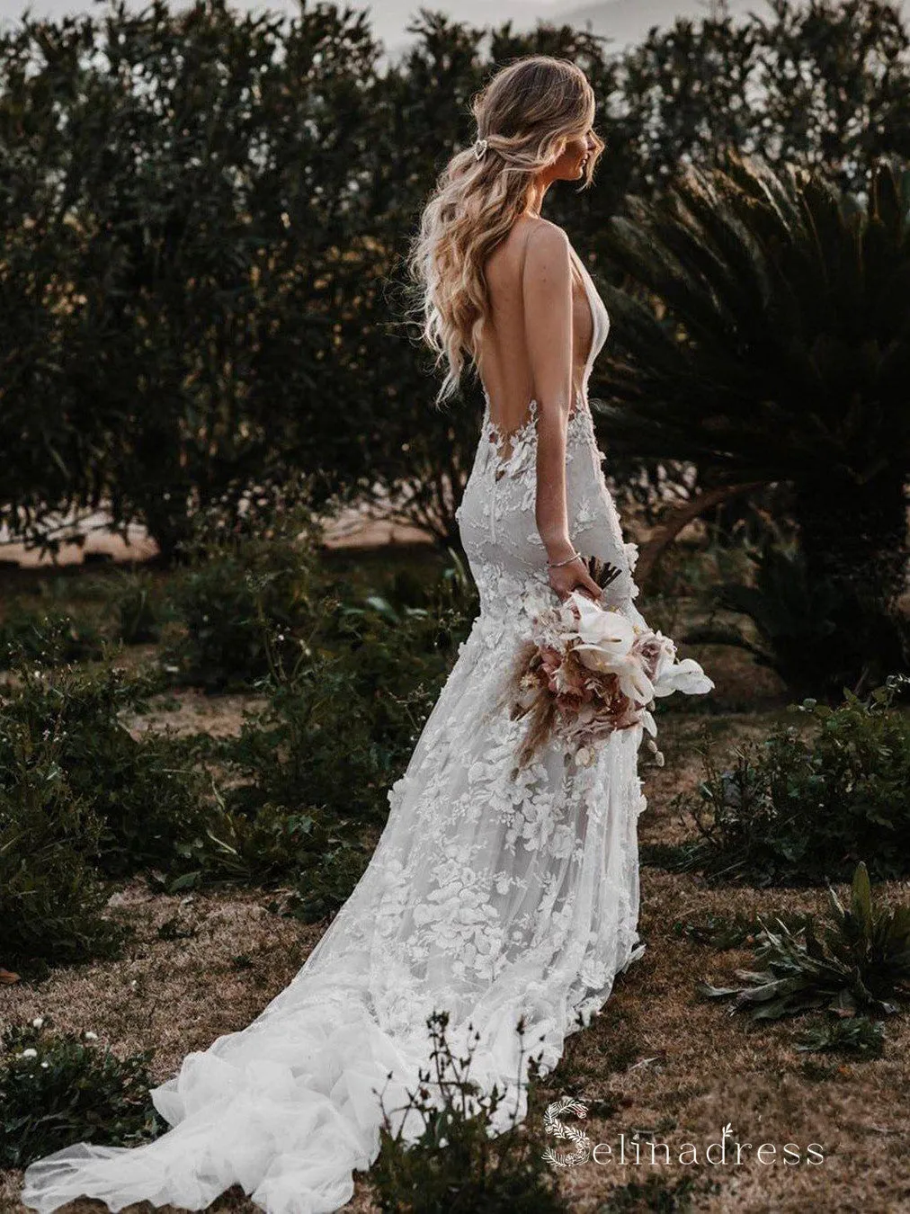 Mermaid Deep V neck Lace Wedding Dresses Open Back Rustic Bridal Gowns MHL139