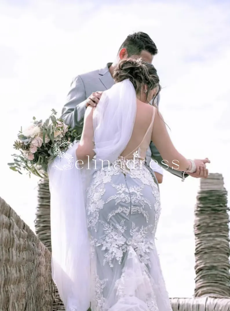 Mermaid Deep V neck Lace Wedding Dresses Open Back Rustic Bridal Gowns MHL139