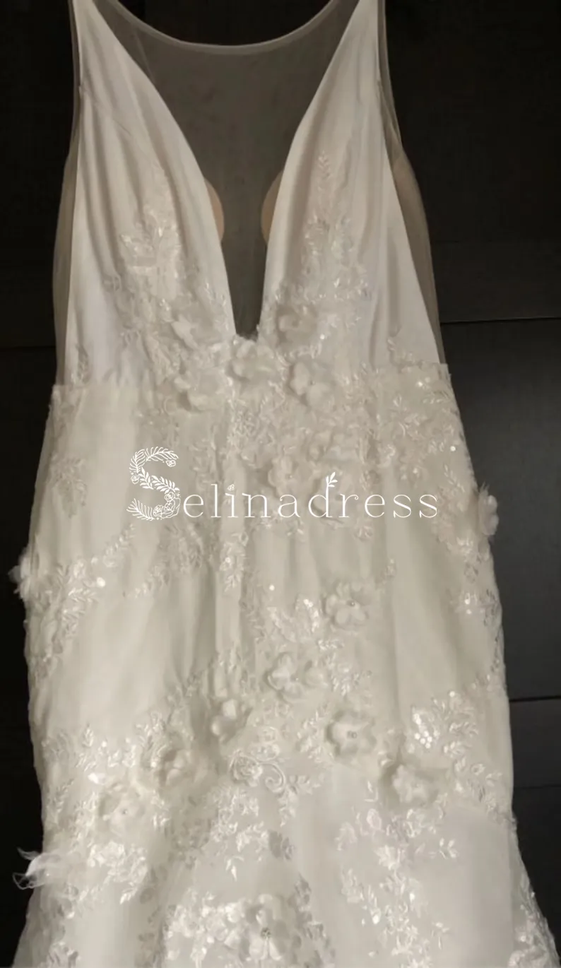 Mermaid Deep V neck Lace Wedding Dresses Open Back Rustic Bridal Gowns MHL139