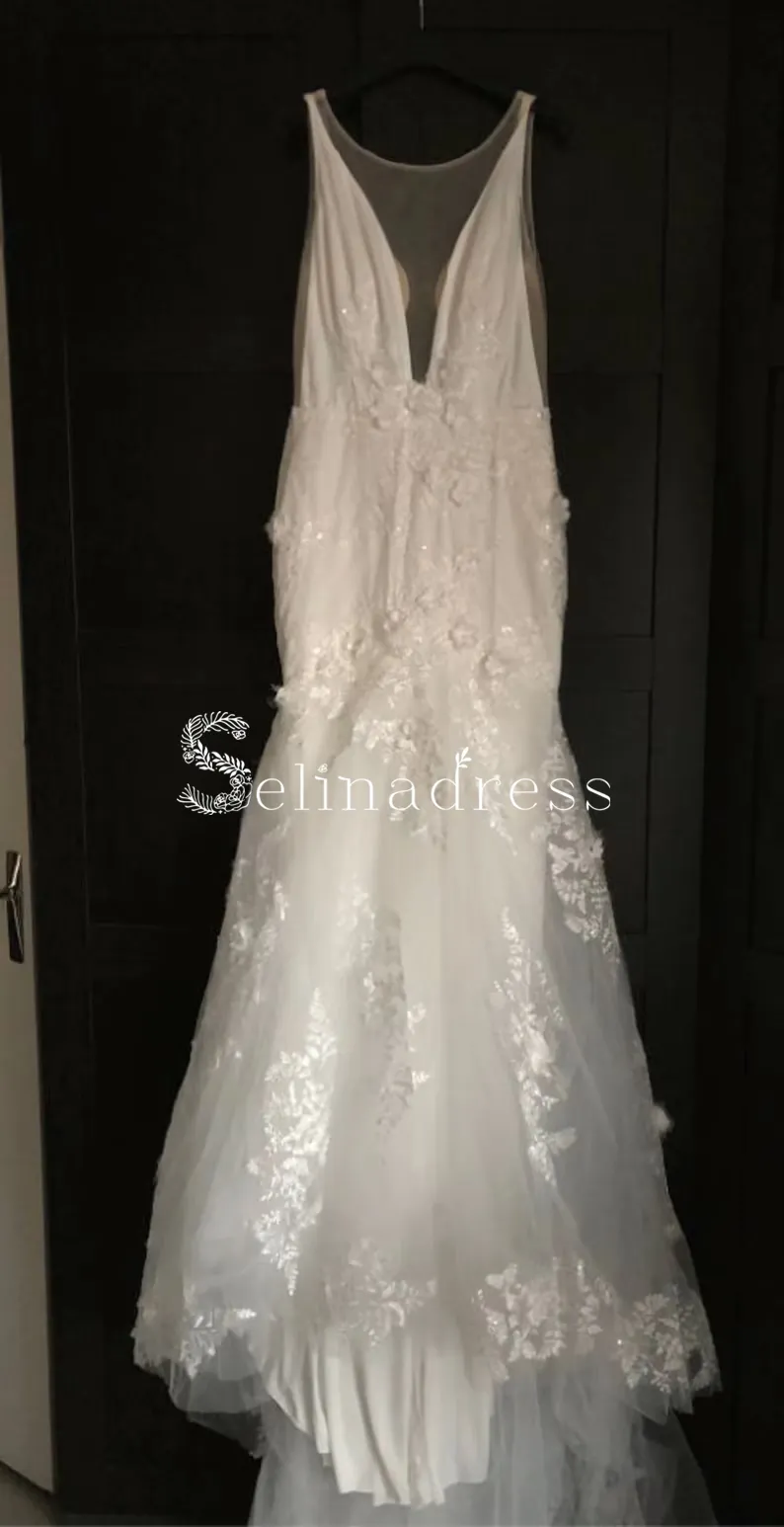 Mermaid Deep V neck Lace Wedding Dresses Open Back Rustic Bridal Gowns MHL139
