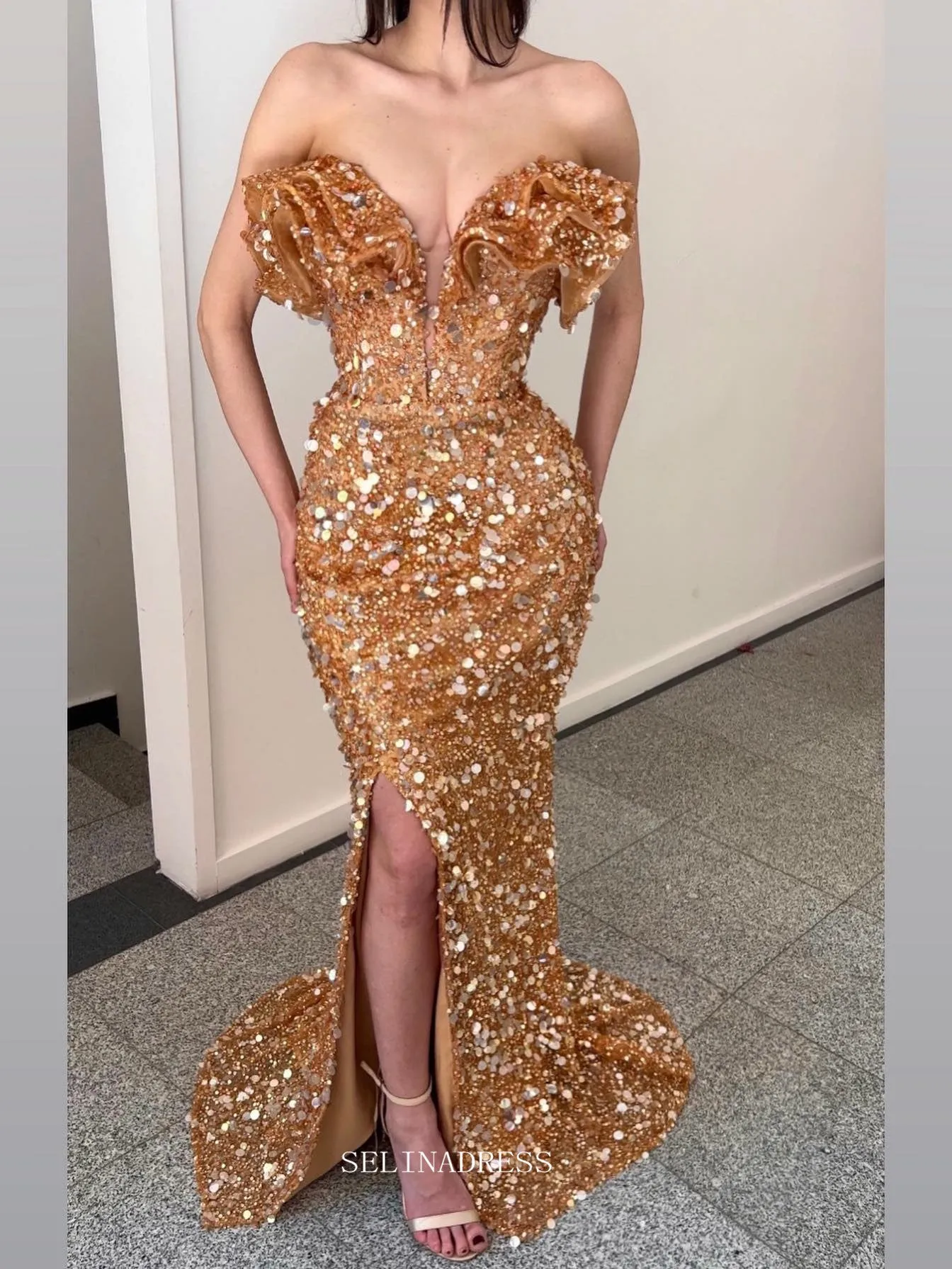 Mermaid Off the Shoulder African Long Prom Dress Saprkly Sequins Pageant Dress Evening Dress #POL124