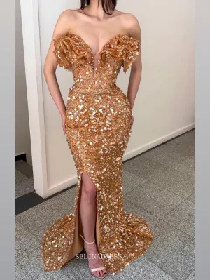 Mermaid Off the Shoulder African Long Prom Dress Saprkly Sequins Pageant Dress Evening Dress #POL124