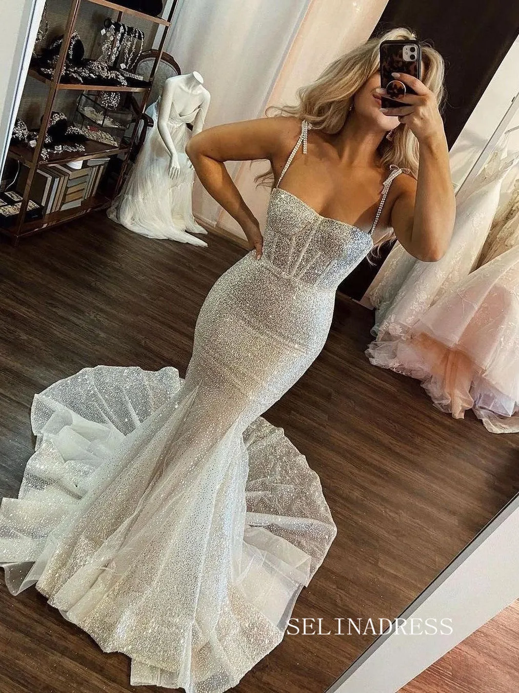 Mermaid Spaghetti Straps Rustic Wedding Dress Sparkly Bridal Dresses #KOP088