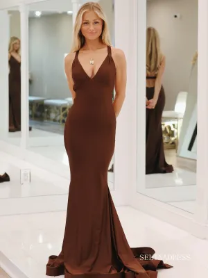 Mermaid Straps Brown Long Prom Dresses Cheap Evening Dress LPK181
