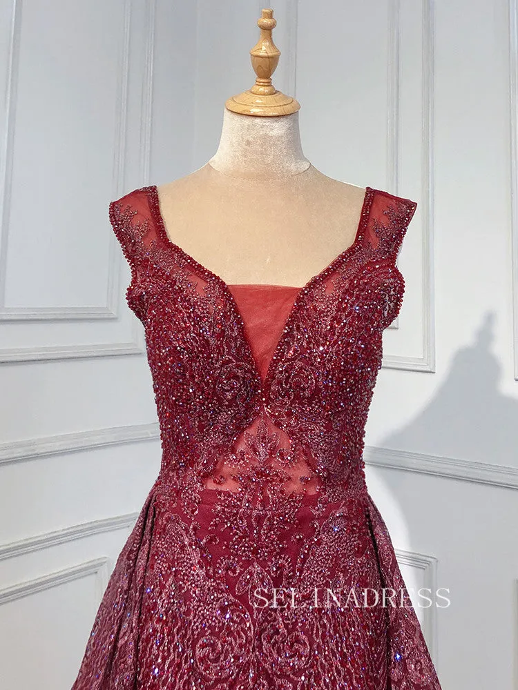 Mermaid Straps Burgundy Long Prom Dress Beaded Evening Formal Gown hlks013