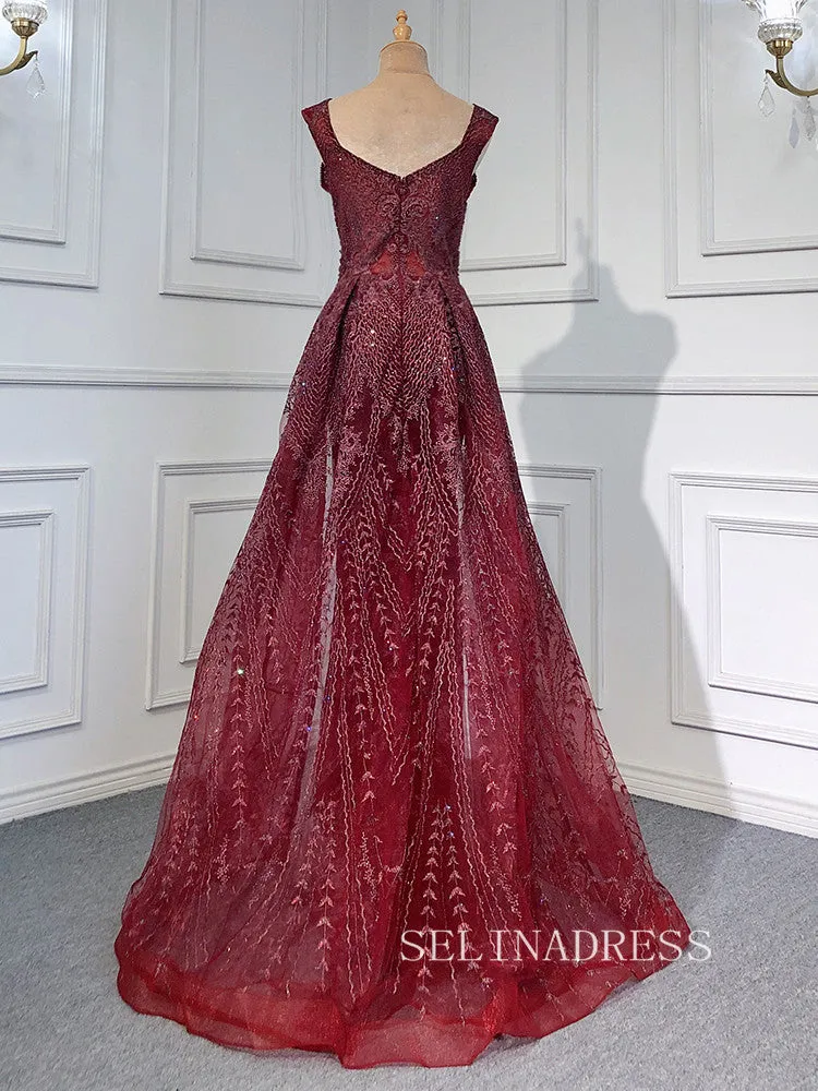 Mermaid Straps Burgundy Long Prom Dress Beaded Evening Formal Gown hlks013