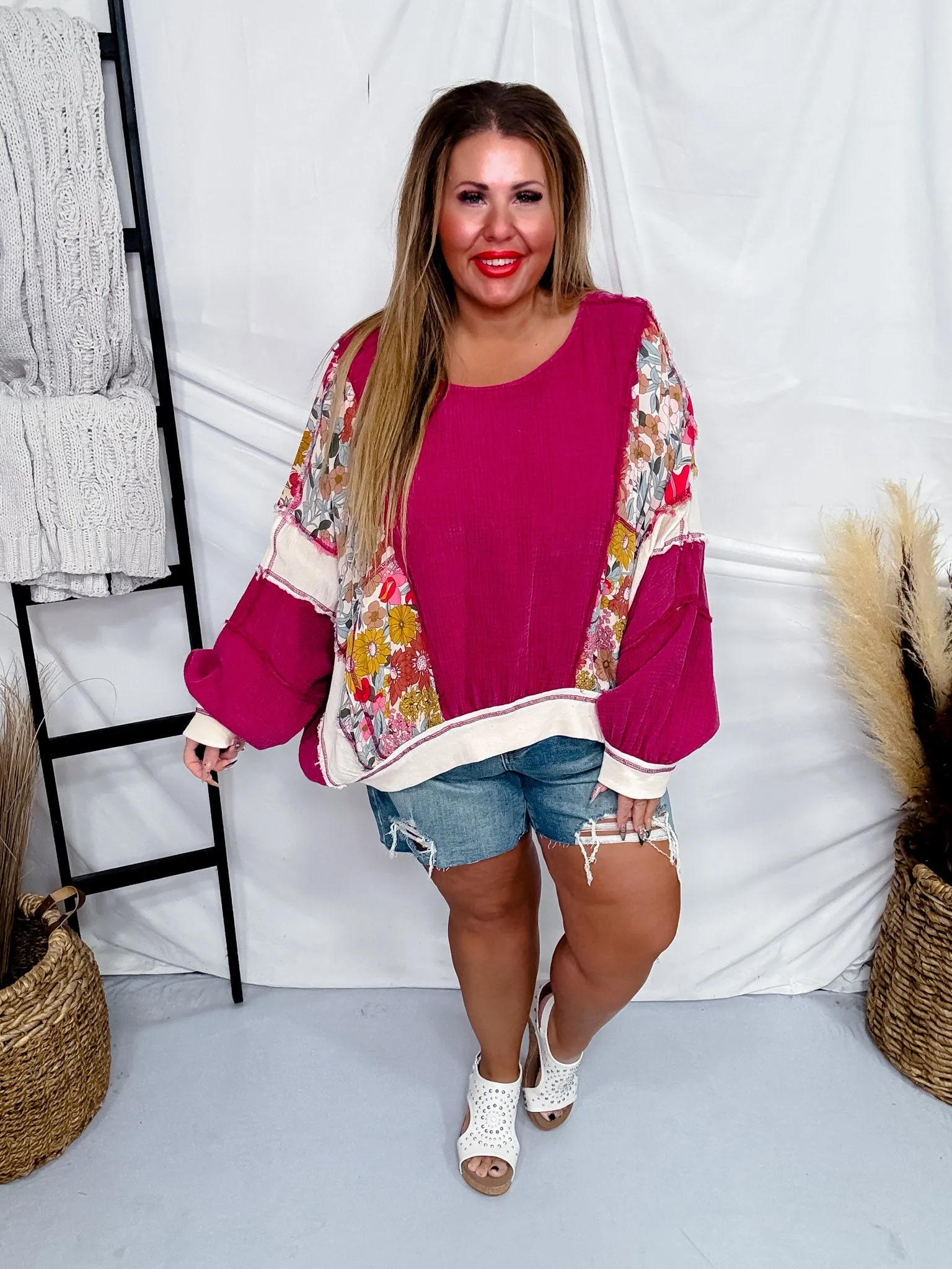 Mineral Washed Floral & Gauze Drop Shoulder Top
