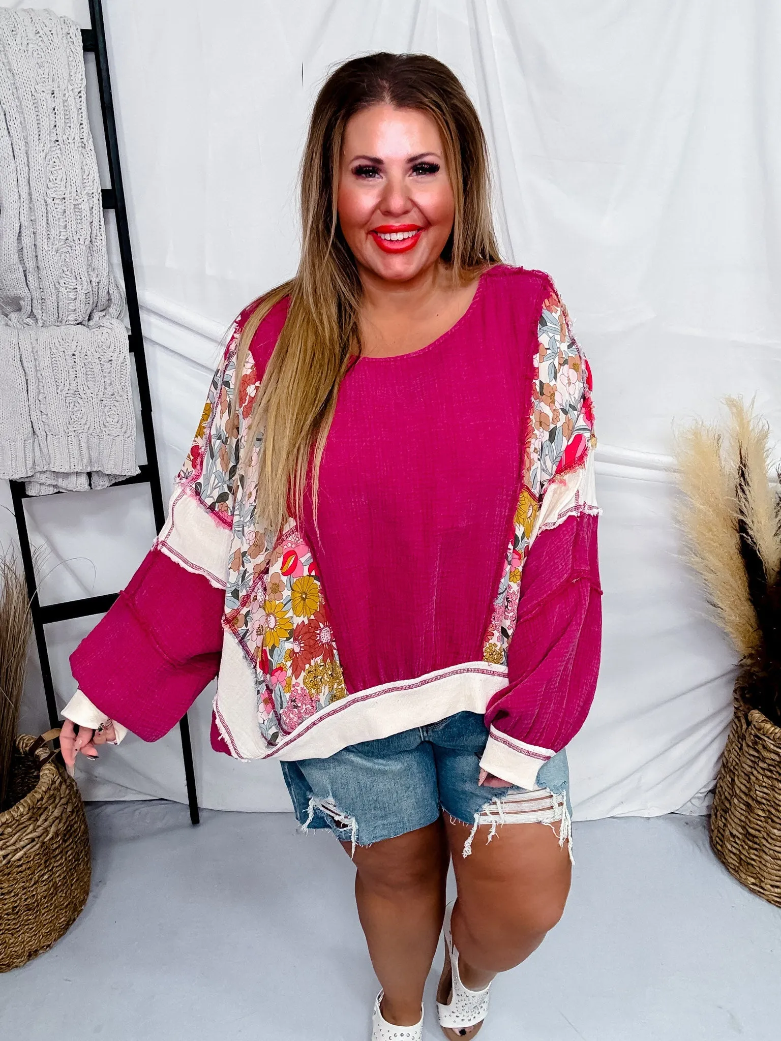 Mineral Washed Floral & Gauze Drop Shoulder Top