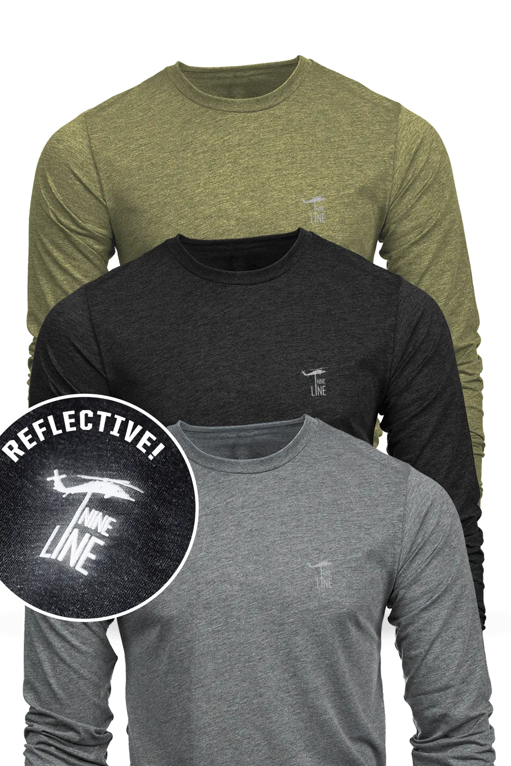 Reflective Dropline Logo - Athletic Long Sleeve T-Shirt 3-Pack