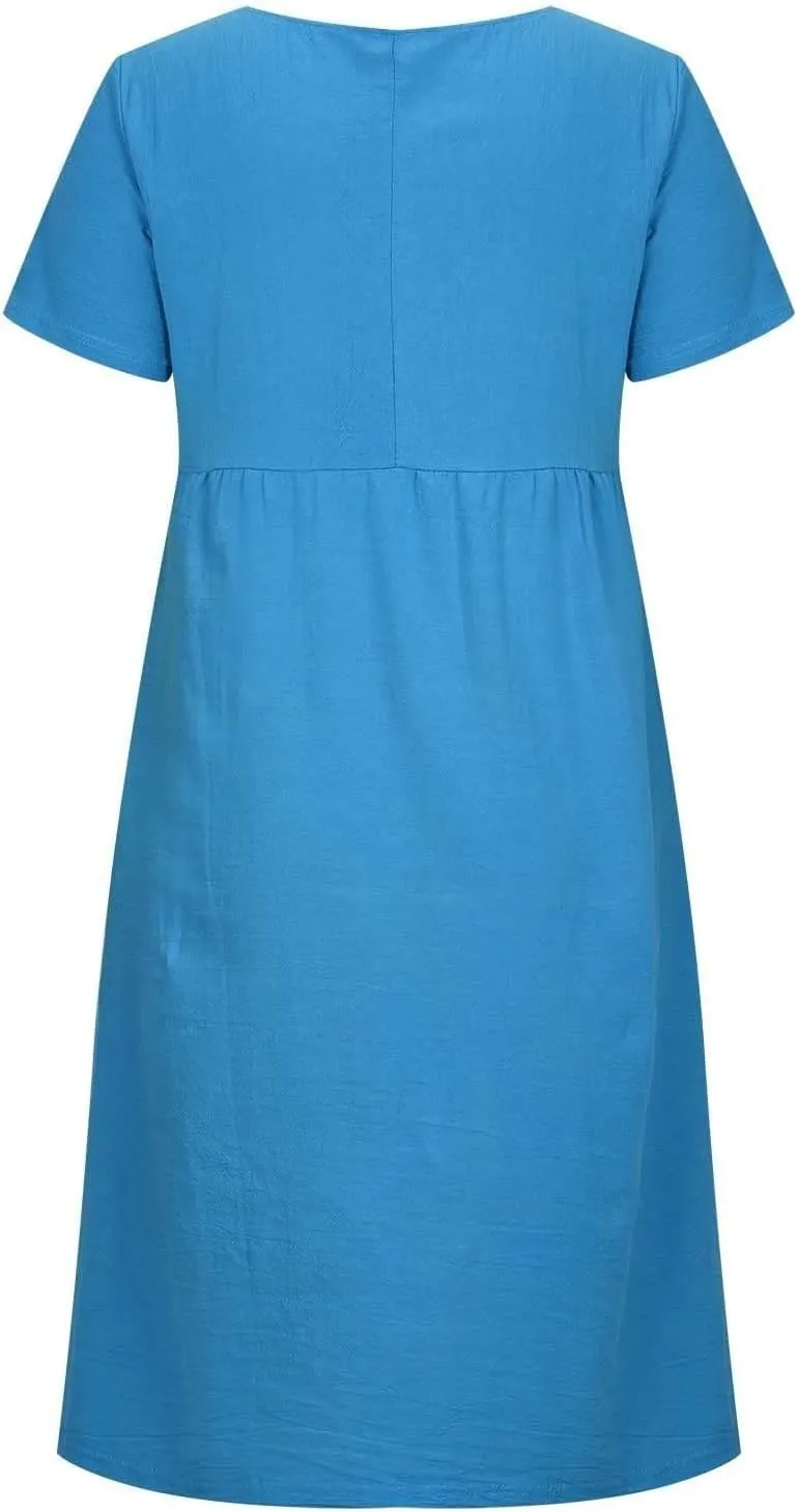 Short Sleeve Midi Dress for Women Summer Cotton Linen Dresses Flowy A Line Plus Size Dresses Shirt Dress with Pocket