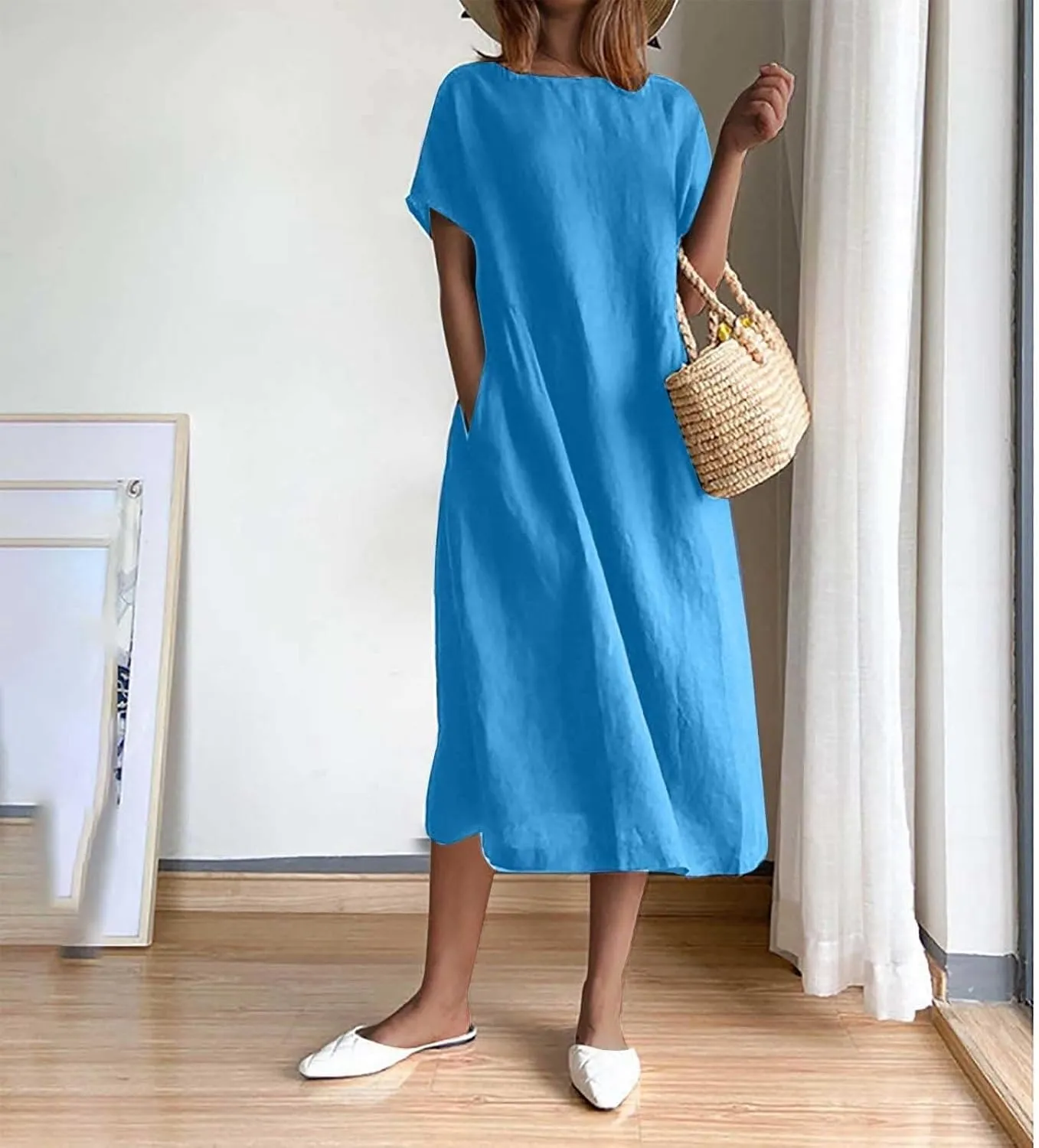 Short Sleeve Midi Dress for Women Summer Cotton Linen Dresses Flowy A Line Plus Size Dresses Shirt Dress with Pocket