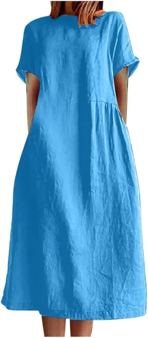 Short Sleeve Midi Dress for Women Summer Cotton Linen Dresses Flowy A Line Plus Size Dresses Shirt Dress with Pocket