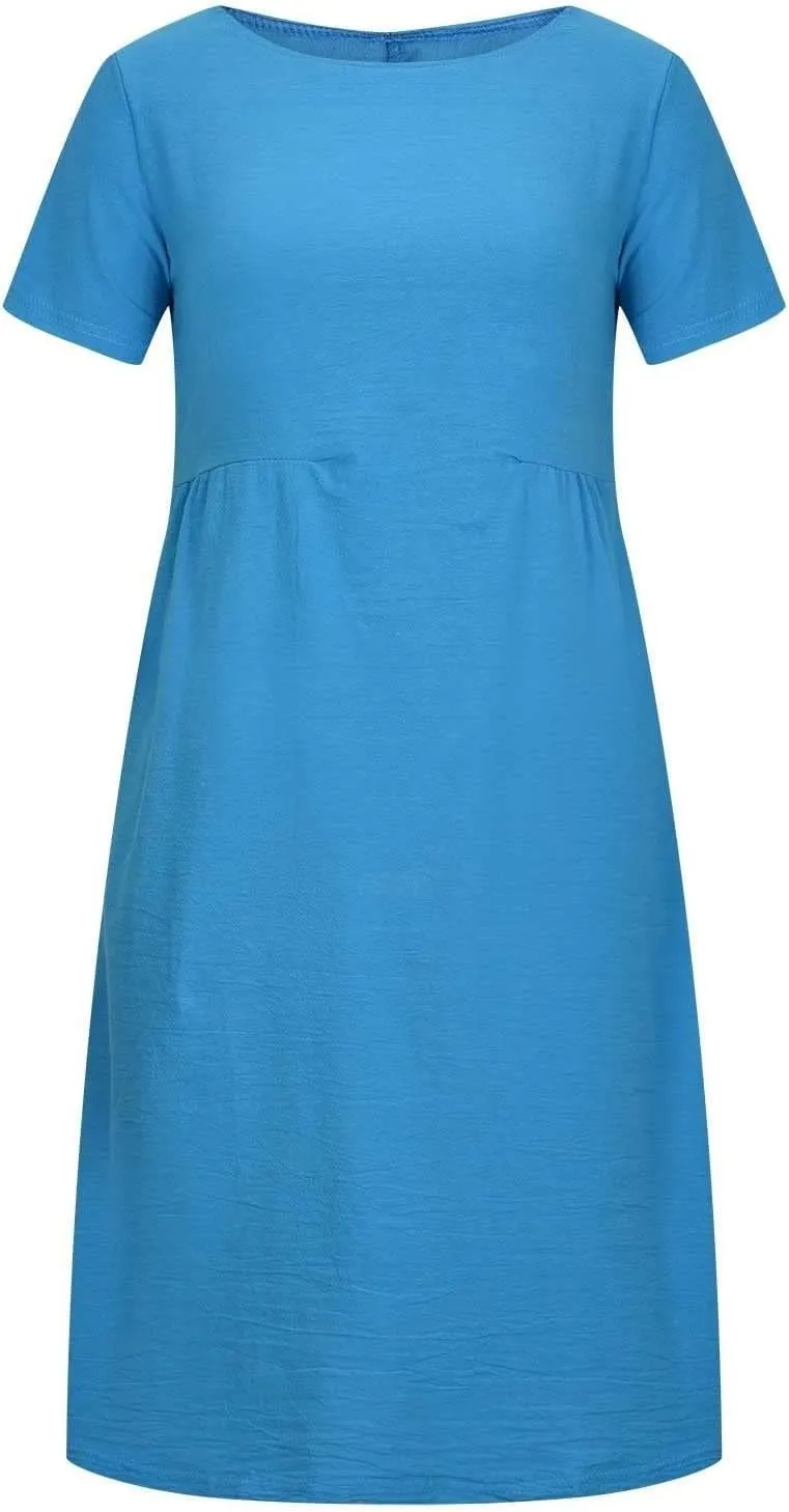Short Sleeve Midi Dress for Women Summer Cotton Linen Dresses Flowy A Line Plus Size Dresses Shirt Dress with Pocket