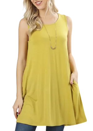 Sleeveless Swing Tunic with Pockets - Wasabi