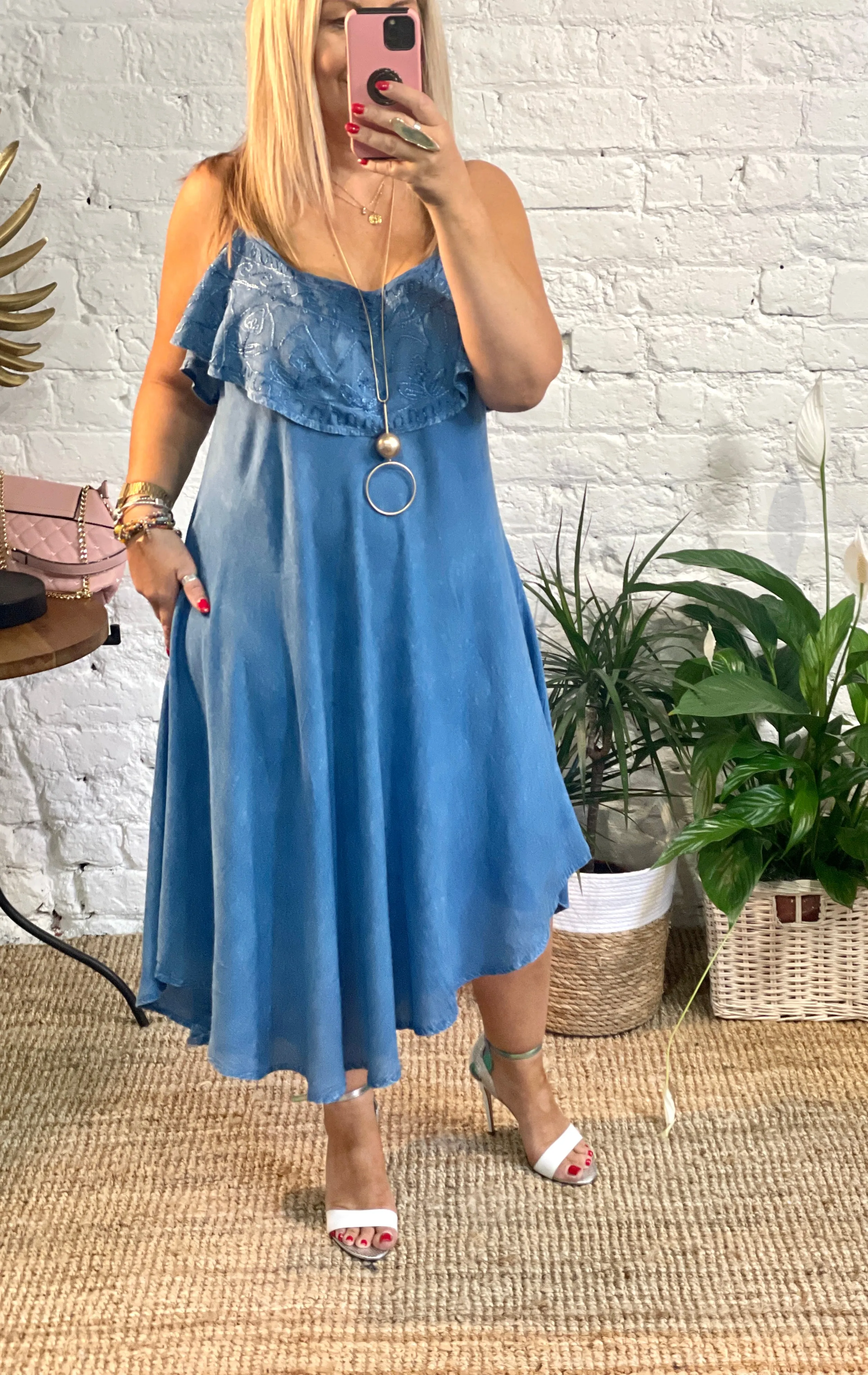 Soft Denim Chambre Mollie Tie Shoulder  Top Swing dress