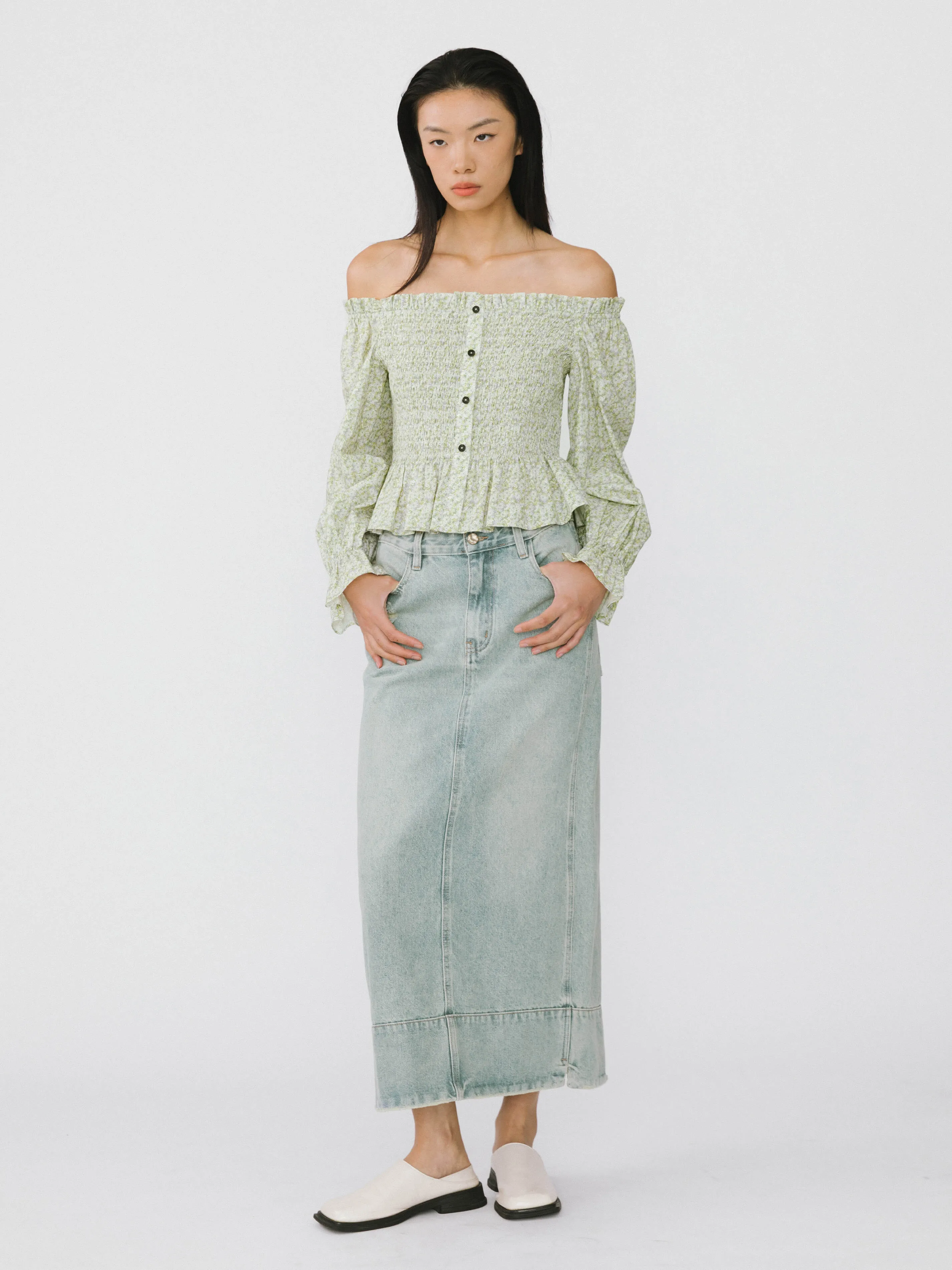 Straight Leg Washed Denim Skirt