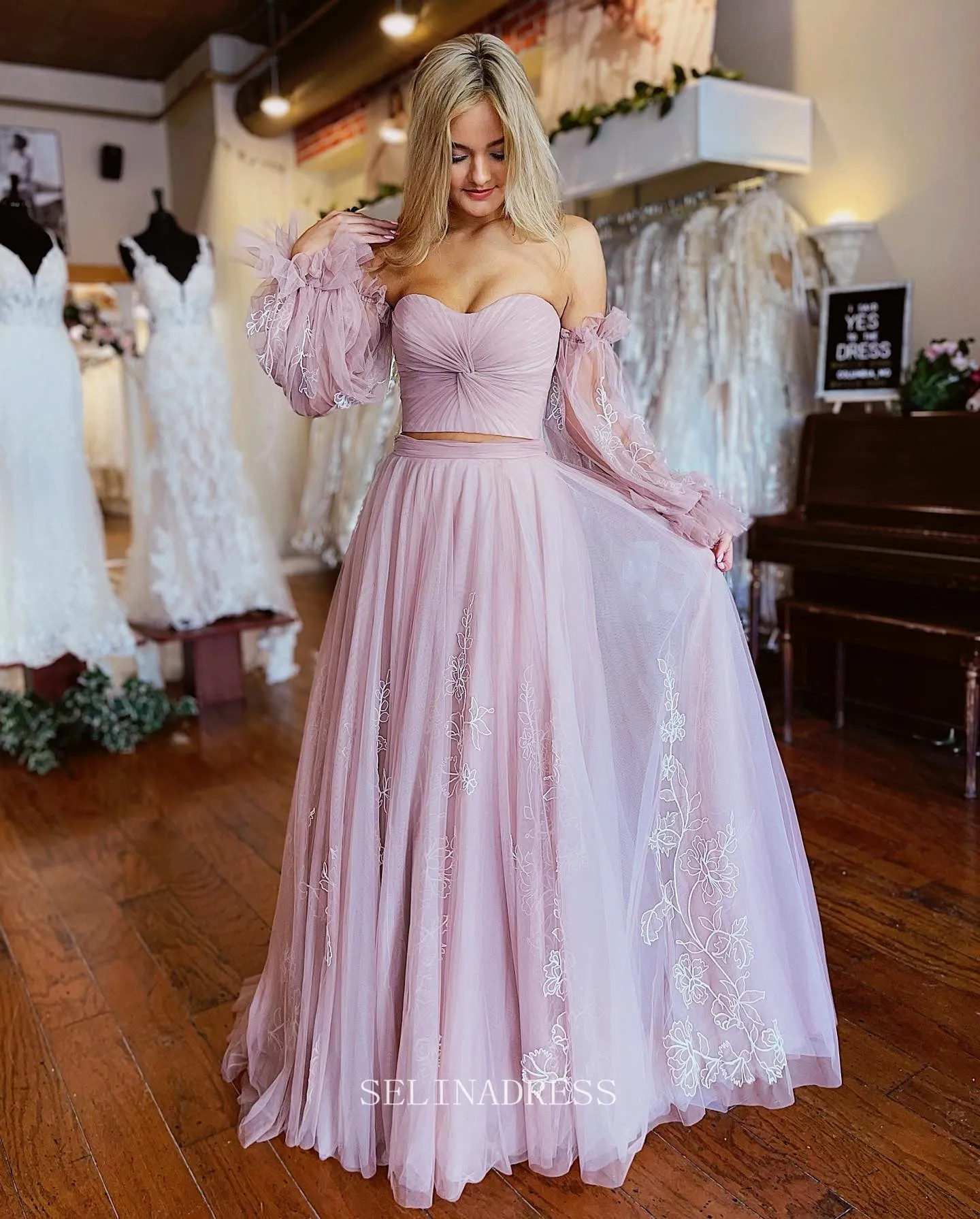 Two Piece Dusty Pink Long Prom Dress Puff Sleeve Formal Dresses Evening Dress KPY057