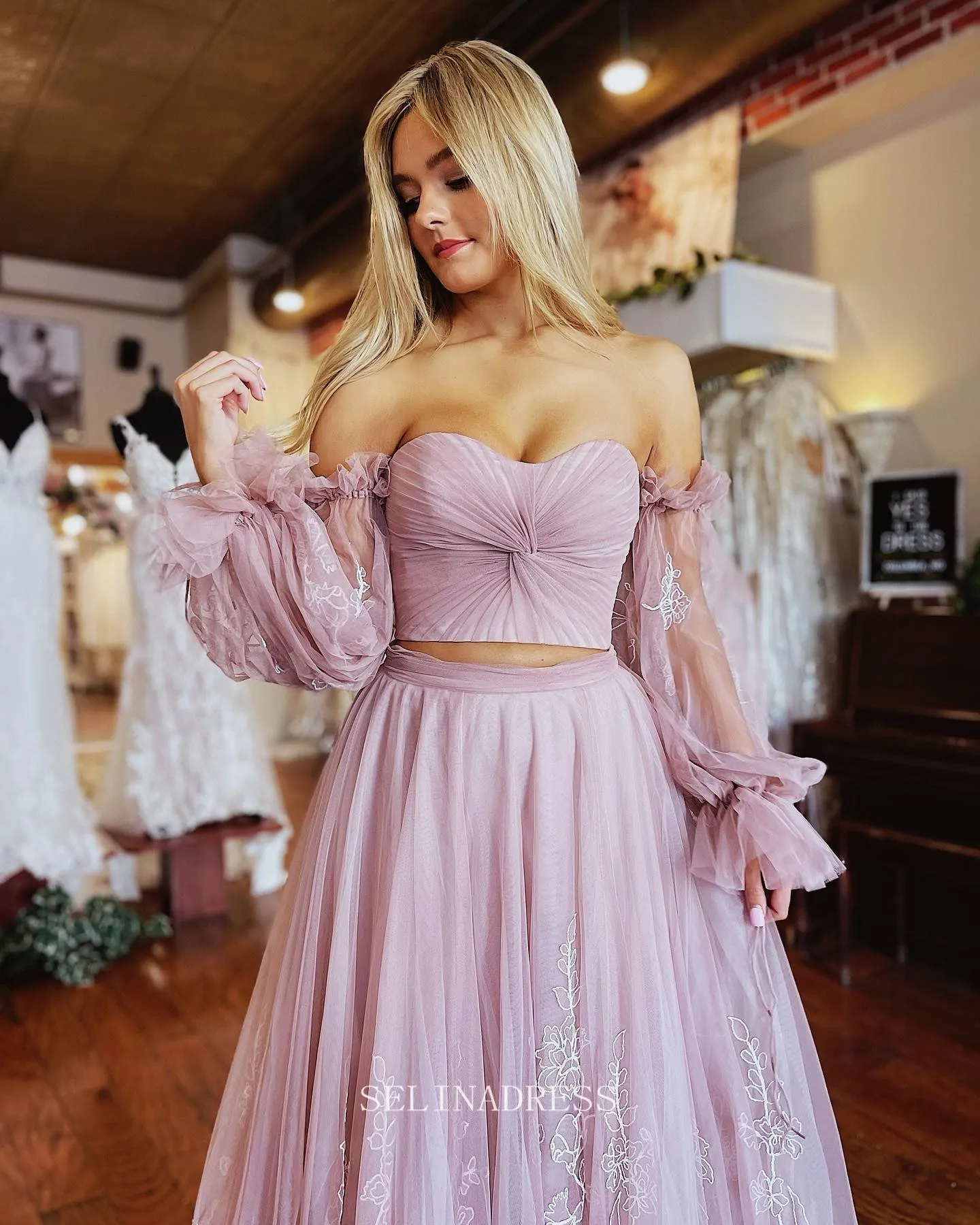 Two Piece Dusty Pink Long Prom Dress Puff Sleeve Formal Dresses Evening Dress KPY057