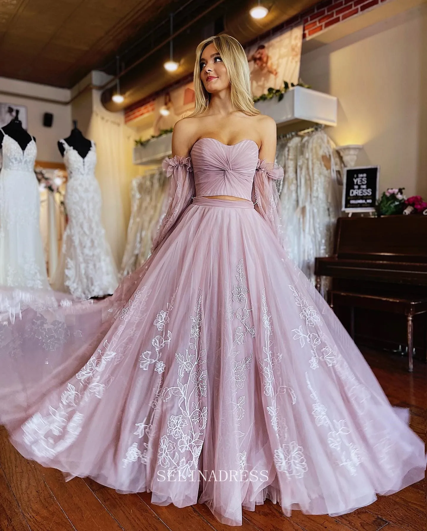 Two Piece Dusty Pink Long Prom Dress Puff Sleeve Formal Dresses Evening Dress KPY057
