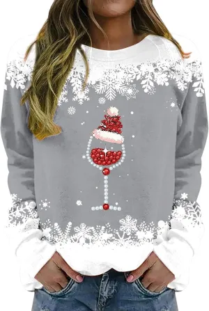Ugly Christmas Sweater Women Fall Winter Fashion Red Wine Glass Print Sweatshirts Long Sleeve Crewneck Pullover Tops