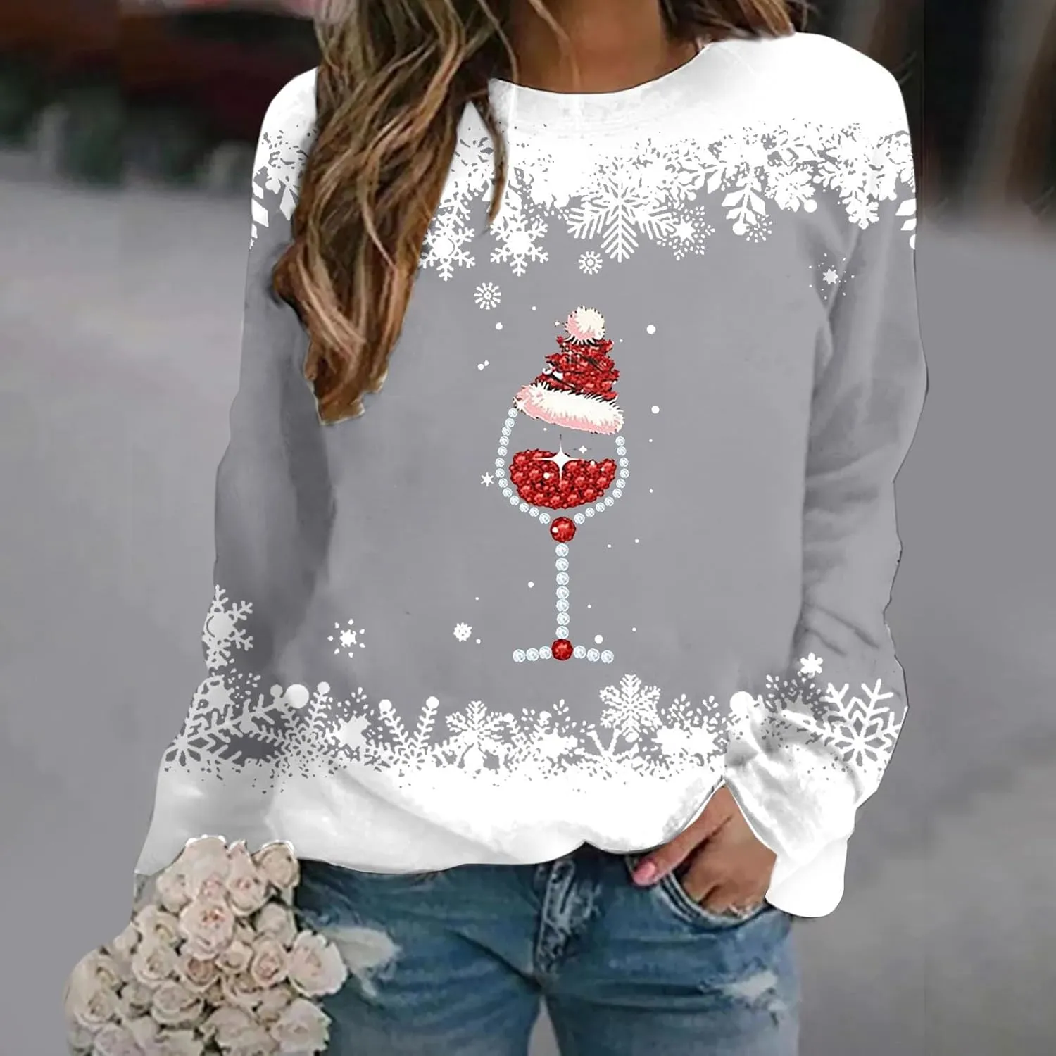 Ugly Christmas Sweater Women Fall Winter Fashion Red Wine Glass Print Sweatshirts Long Sleeve Crewneck Pullover Tops