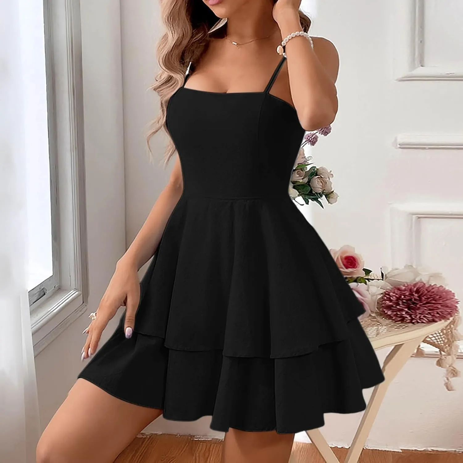 Women Summer Boho Ruffle Short Dress Strappy Layered Flowy Swing Tube Dress Solid Color Casaul Sun Beach Mini Dresses