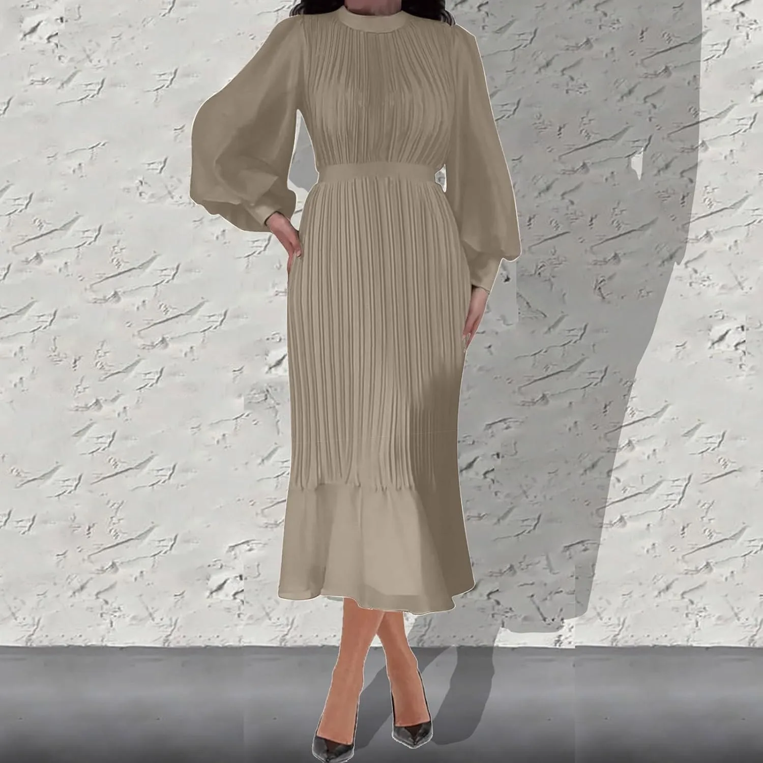 Women's Elegant Crewneck Puff Long Sleeve A-Line Dress 2024 Fall Midi Dress Pleated Skirt Fashion Flowy Dress