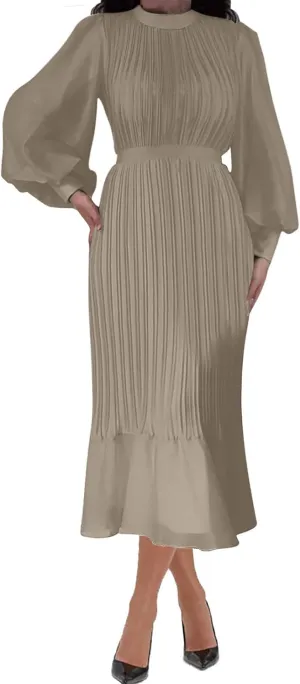Women's Elegant Crewneck Puff Long Sleeve A-Line Dress 2024 Fall Midi Dress Pleated Skirt Fashion Flowy Dress