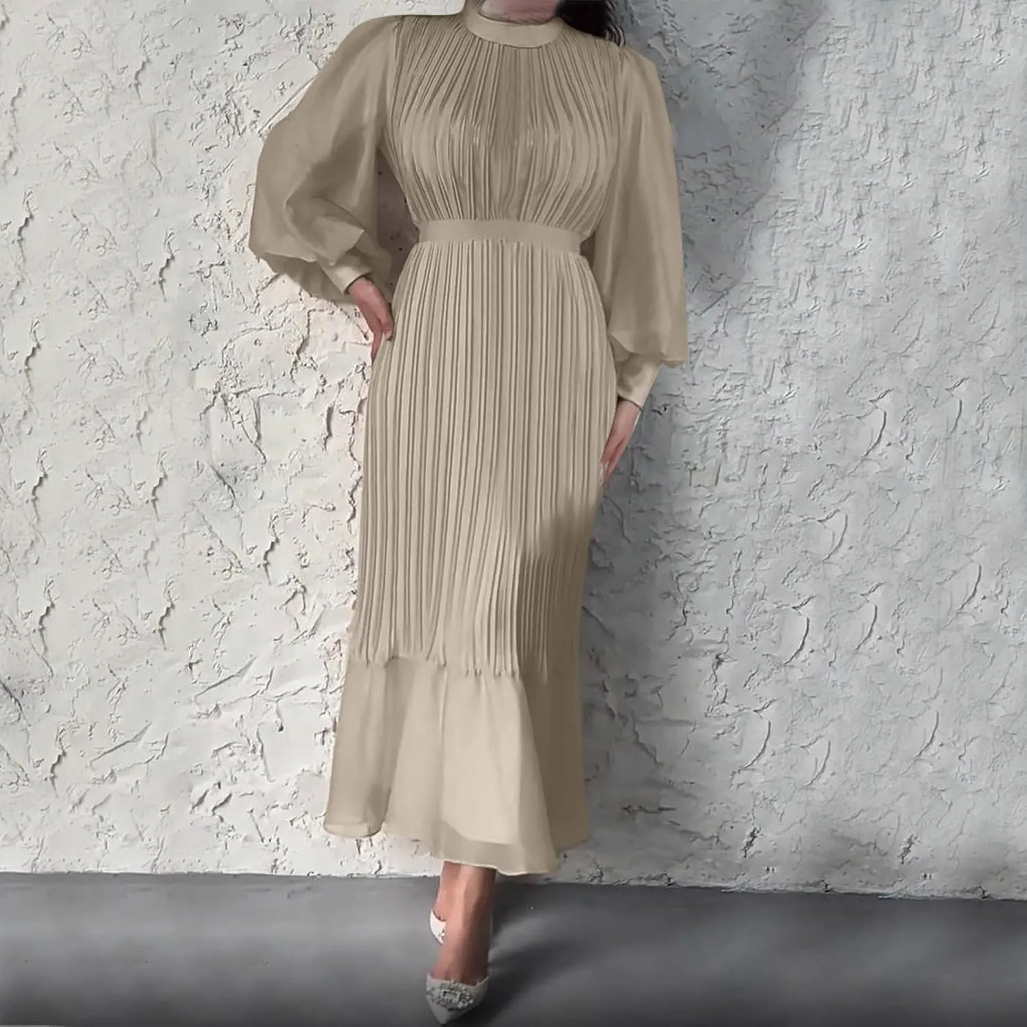 Women's Elegant Crewneck Puff Long Sleeve A-Line Dress 2024 Fall Midi Dress Pleated Skirt Fashion Flowy Dress