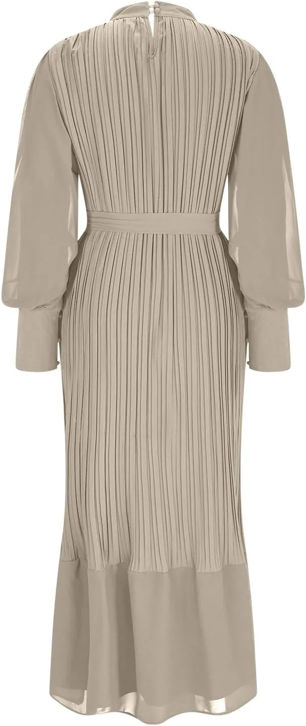 Women's Elegant Crewneck Puff Long Sleeve A-Line Dress 2024 Fall Midi Dress Pleated Skirt Fashion Flowy Dress
