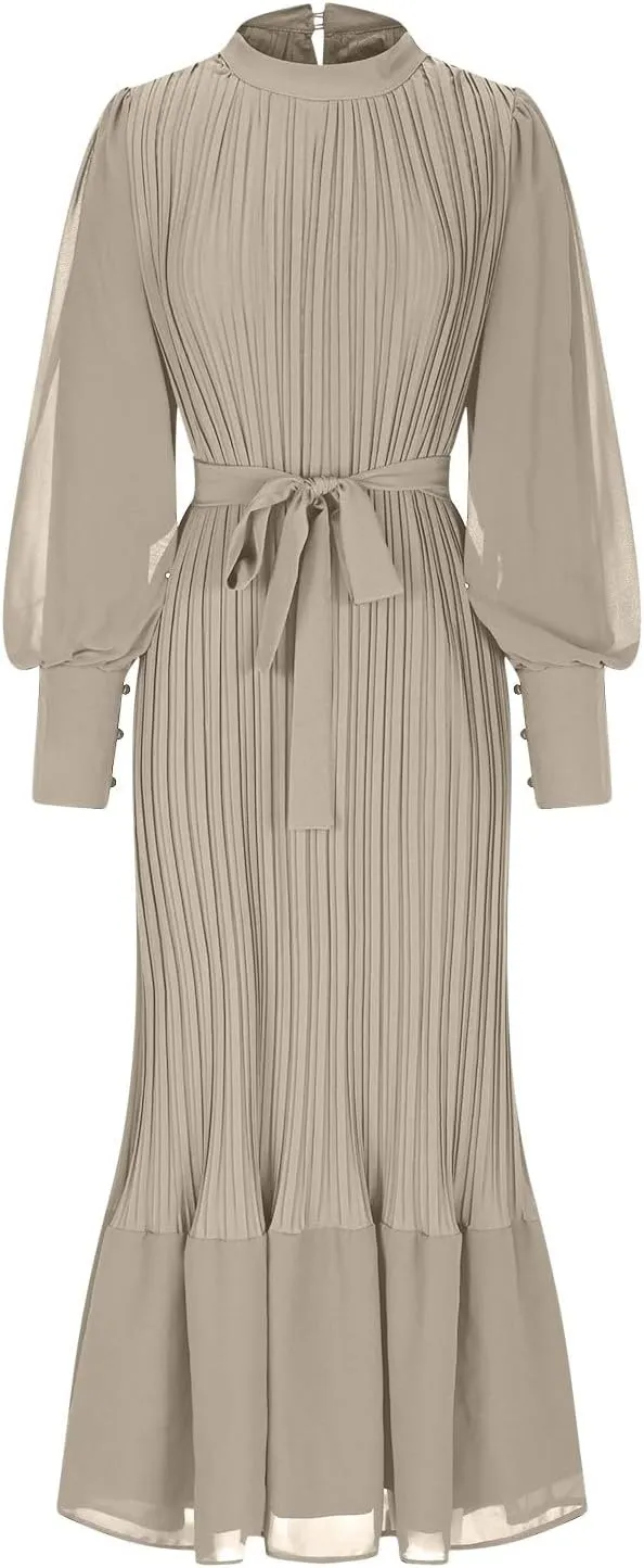 Women's Elegant Crewneck Puff Long Sleeve A-Line Dress 2024 Fall Midi Dress Pleated Skirt Fashion Flowy Dress
