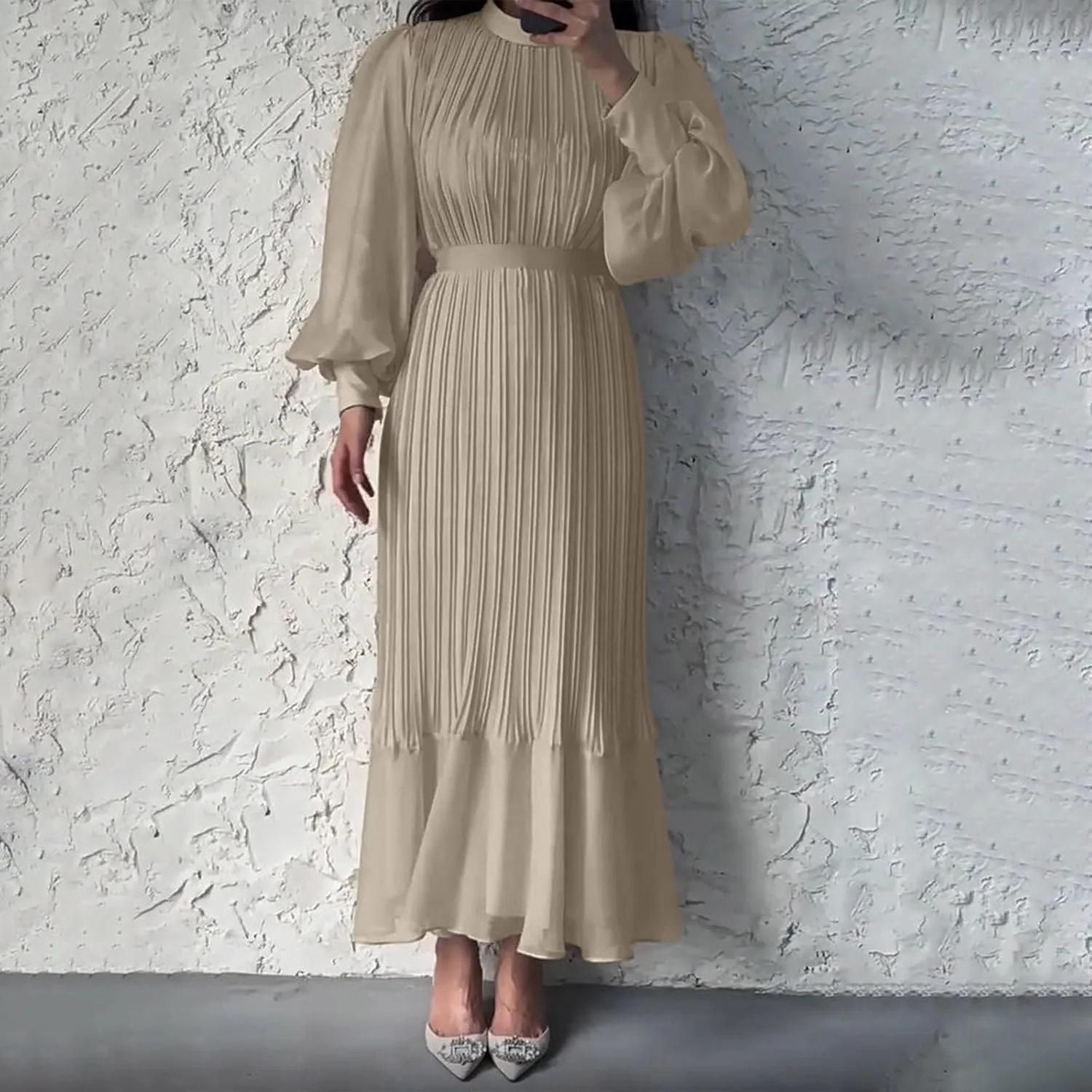 Women's Elegant Crewneck Puff Long Sleeve A-Line Dress 2024 Fall Midi Dress Pleated Skirt Fashion Flowy Dress