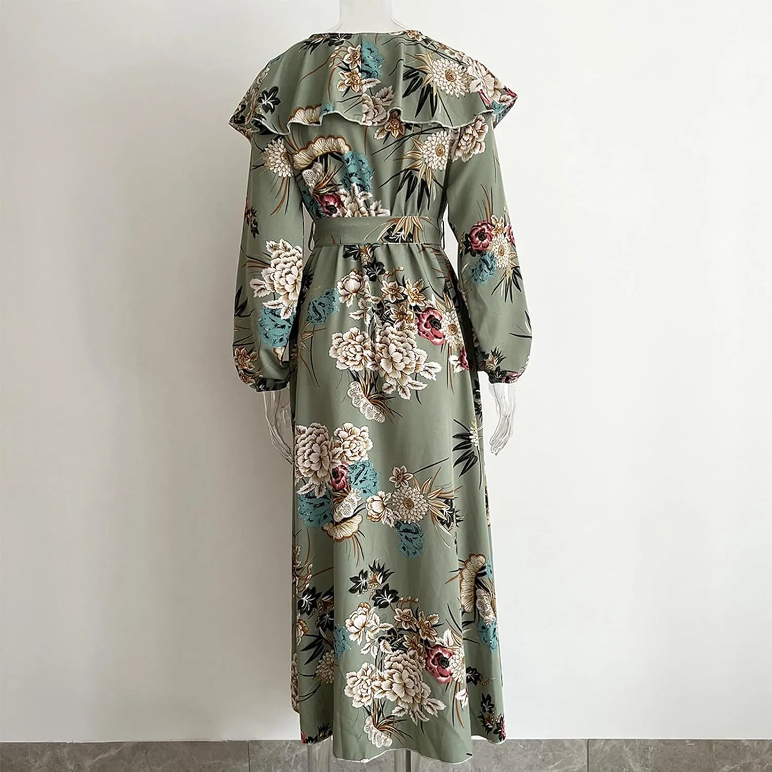 Women's Fashion Floral Print Dress Cute Ruffle Trim V Neck Long Sleeve Dress Sexy Slit Flowy Hem Dresses