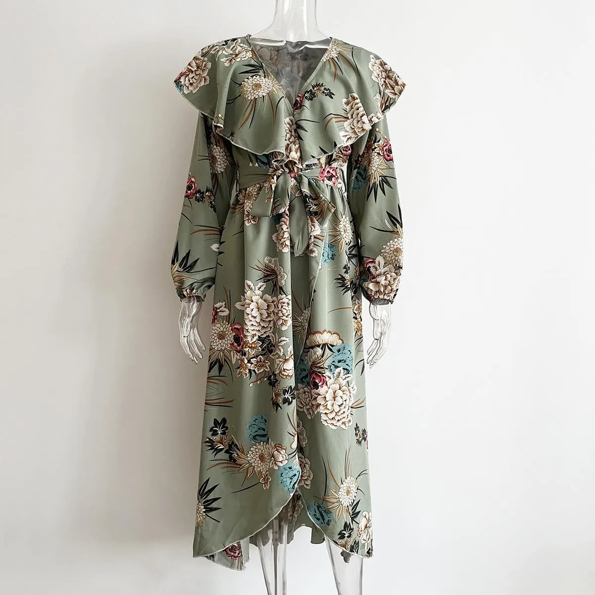 Women's Fashion Floral Print Dress Cute Ruffle Trim V Neck Long Sleeve Dress Sexy Slit Flowy Hem Dresses