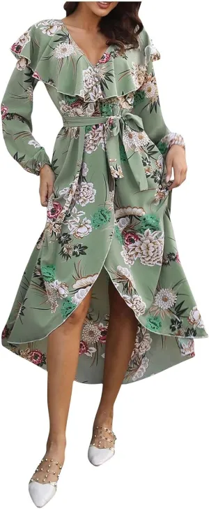 Women's Fashion Floral Print Dress Cute Ruffle Trim V Neck Long Sleeve Dress Sexy Slit Flowy Hem Dresses