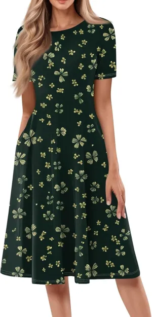 Womens Short Sleeve Formal Midi Dress Trendy Plus Size Floral Flowy Casual Elegant Vintage Smocked Knee Length Dress