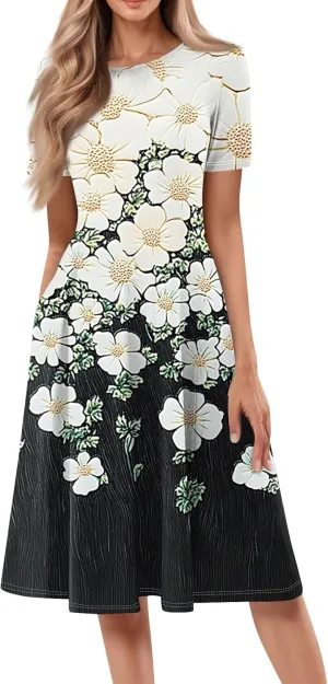 Womens Short Sleeve Formal Midi Dress Trendy Plus Size Floral Flowy Casual Elegant Vintage Smocked Knee Length Dress